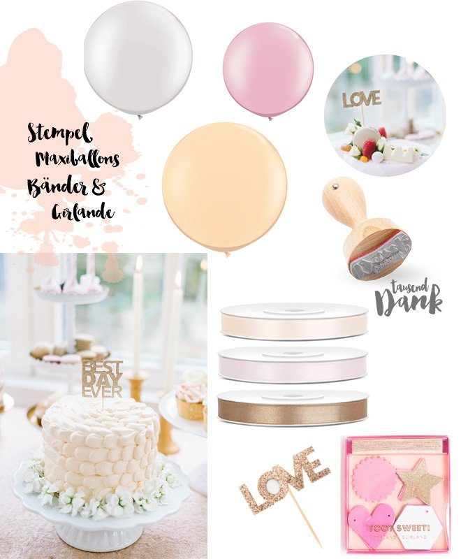 Produkte Peach Blush Glitter mit Satinbaendern, Stempel, grossen Ballons und Caketoppern in gold
