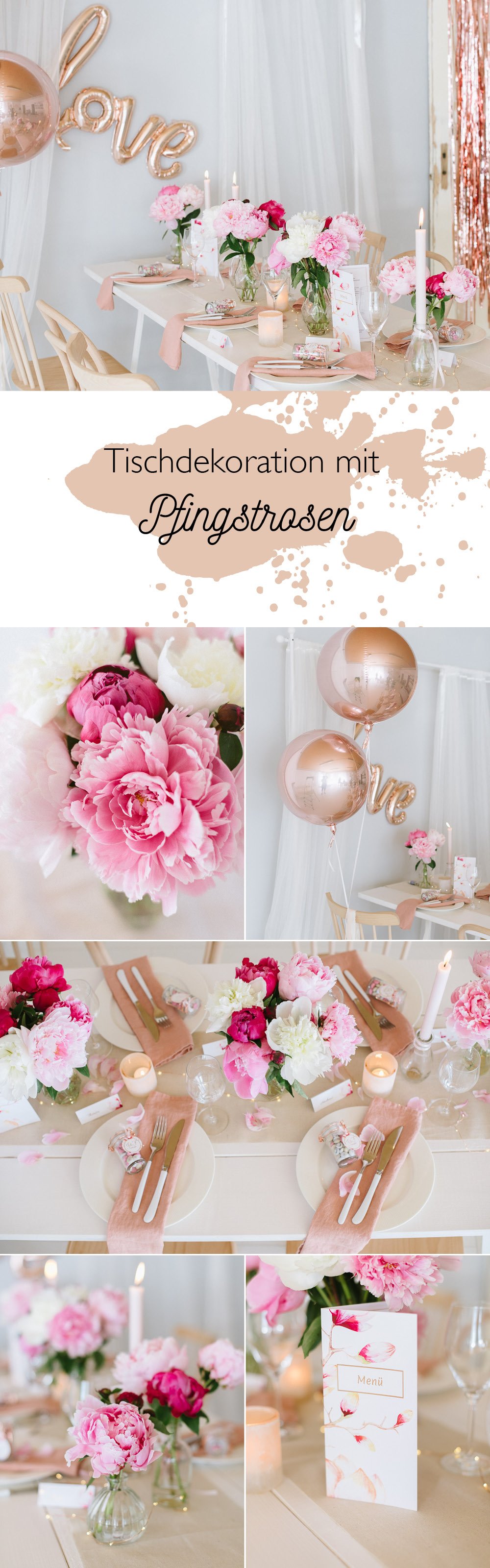 Verschiedene Ideen zu Tischdekoration mit Pfingstrosen bei einer Hochzeit